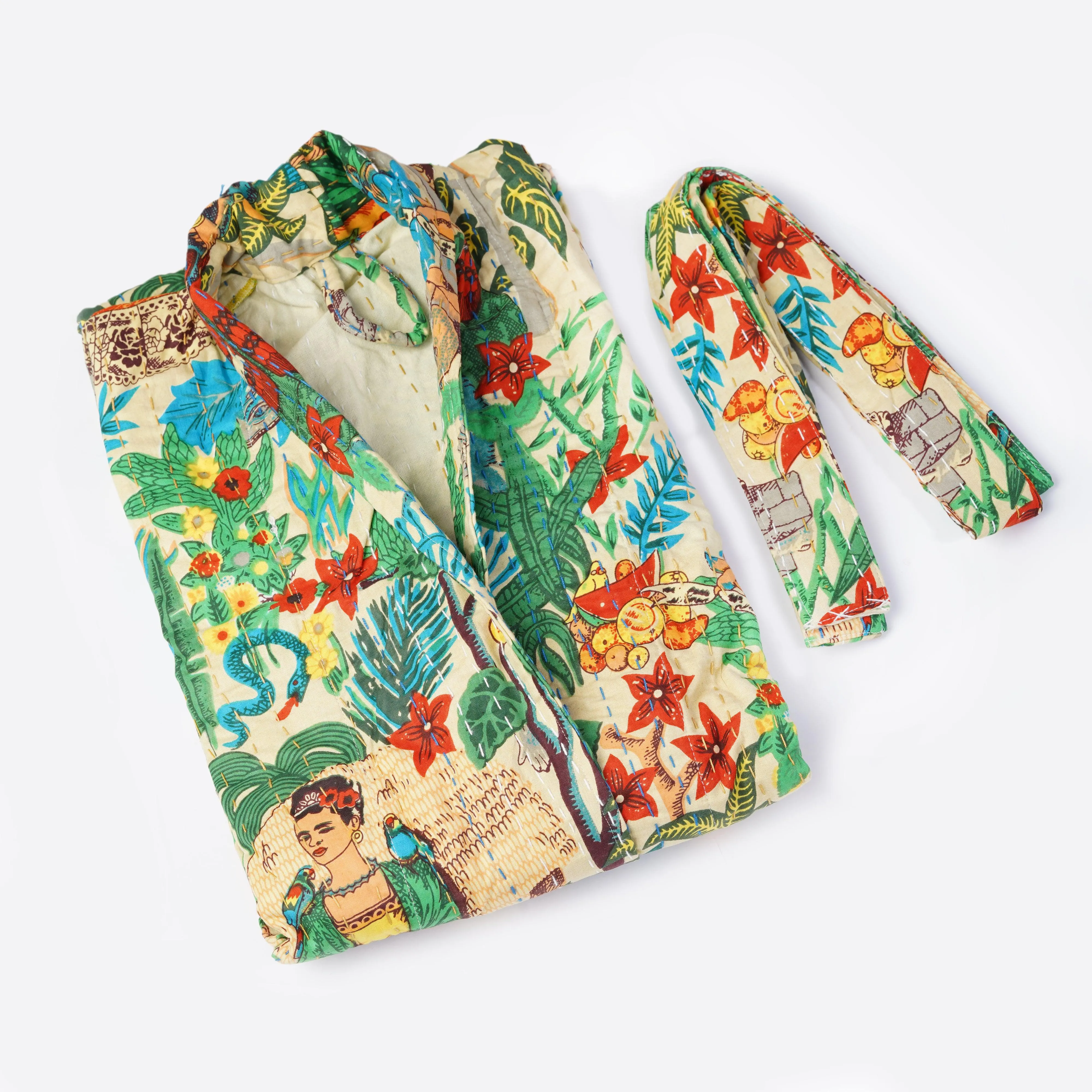 Frida Kahlo Kantha Quilted Kimono Bath Robes/ Night Suit -Beige