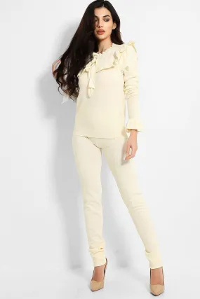 FRILL BOW NECKLINE JUMPER & TROUSERS KNIT BEIGE LOUNGE SET