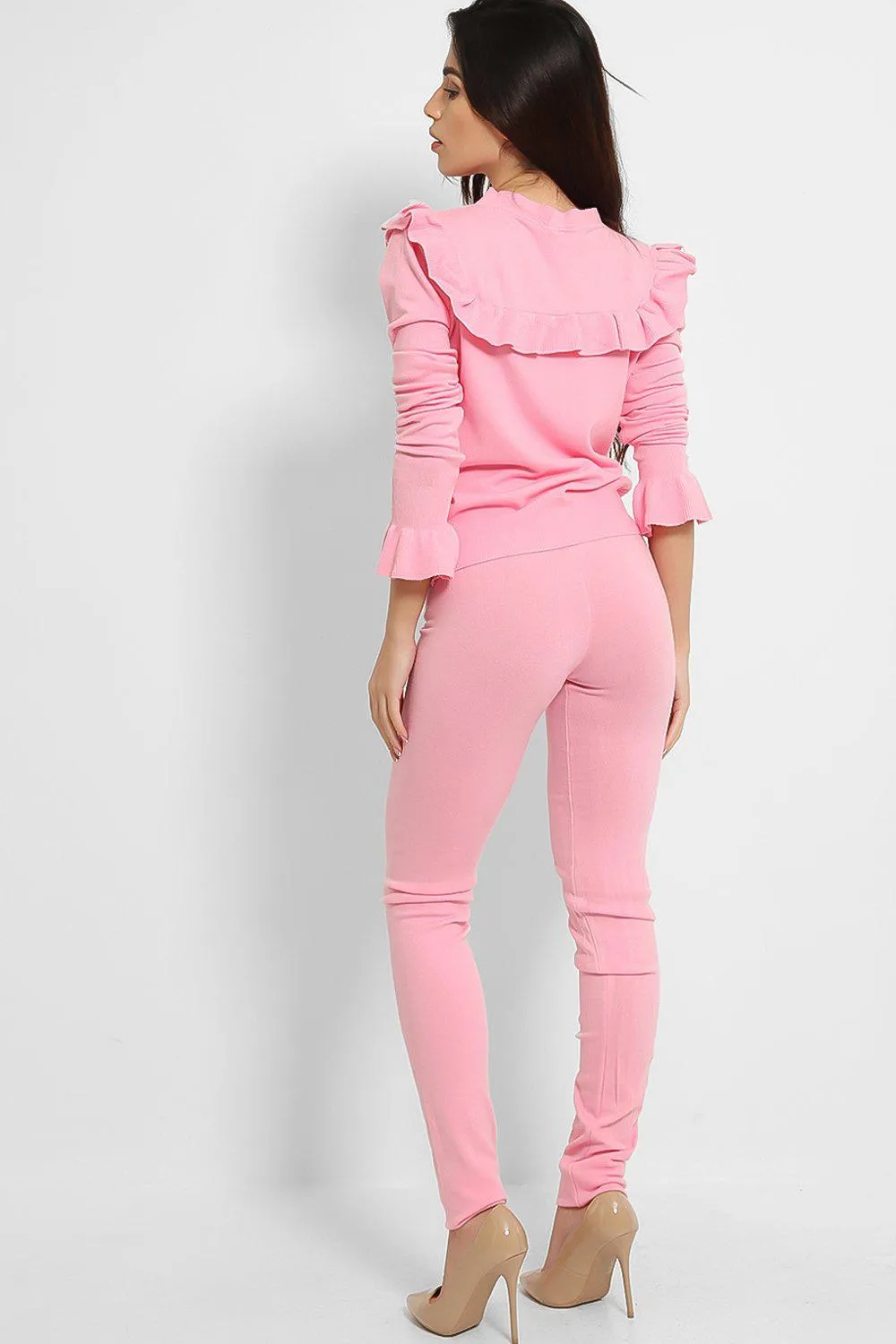 FRILL BOW NECKLINE JUMPER & TROUSERS KNIT HOT PINK LOUNGE SET