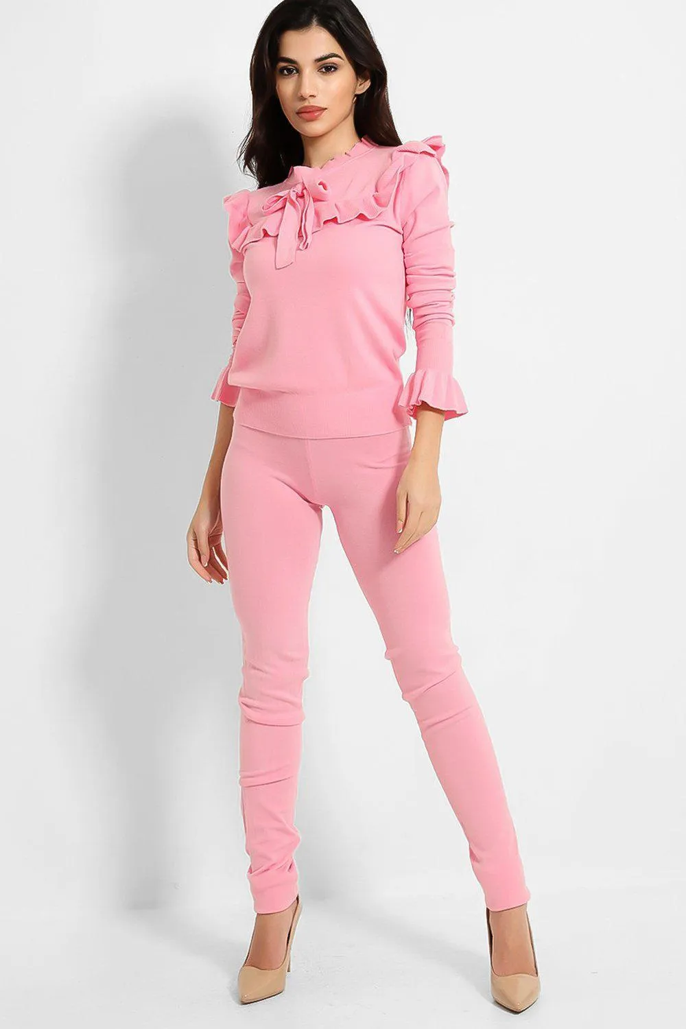 FRILL BOW NECKLINE JUMPER & TROUSERS KNIT HOT PINK LOUNGE SET