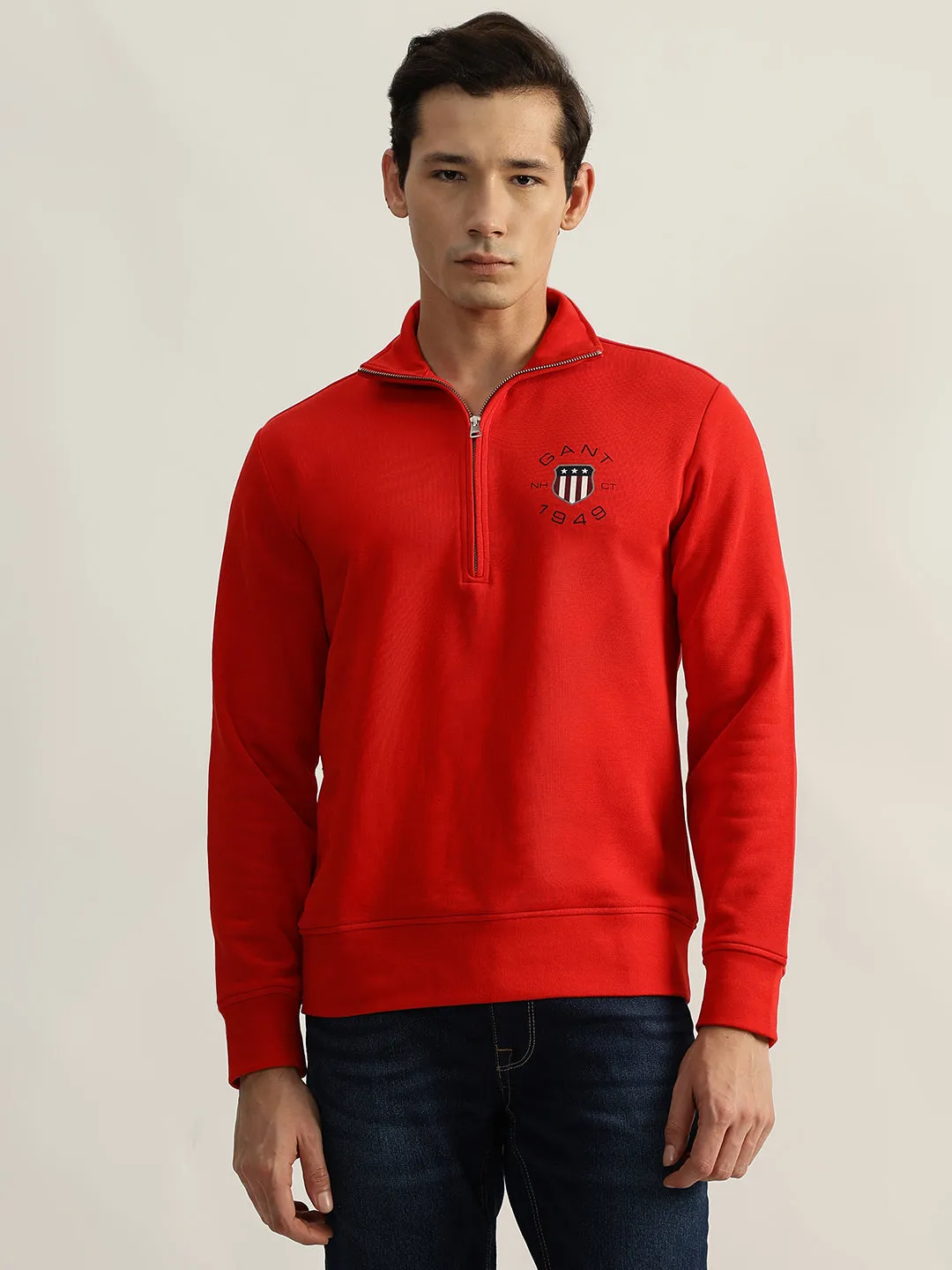 Gant Men Red Solid Collared Full Sleeves Pullover Style Sweatshirt