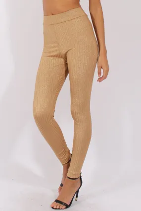 Gold Metallic Ribbed High Waisted Leggings - Yasmin