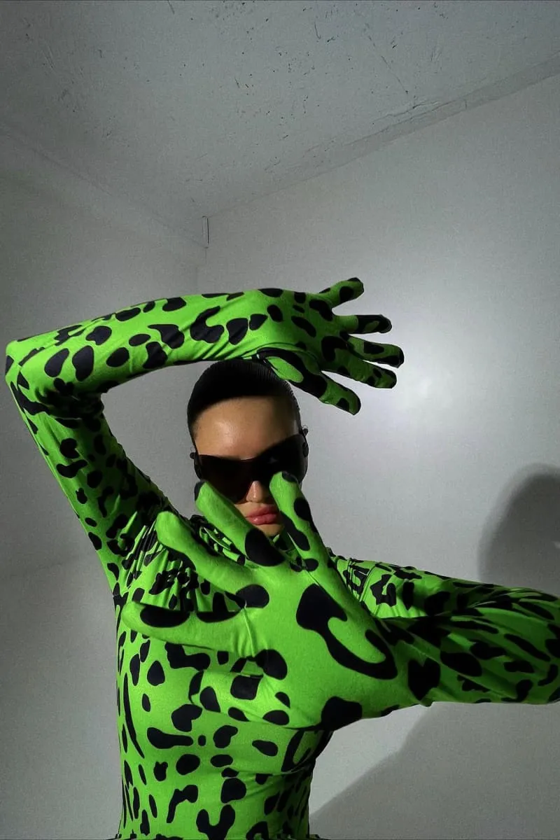 Green Leopard Print Bodysuit With Gloves