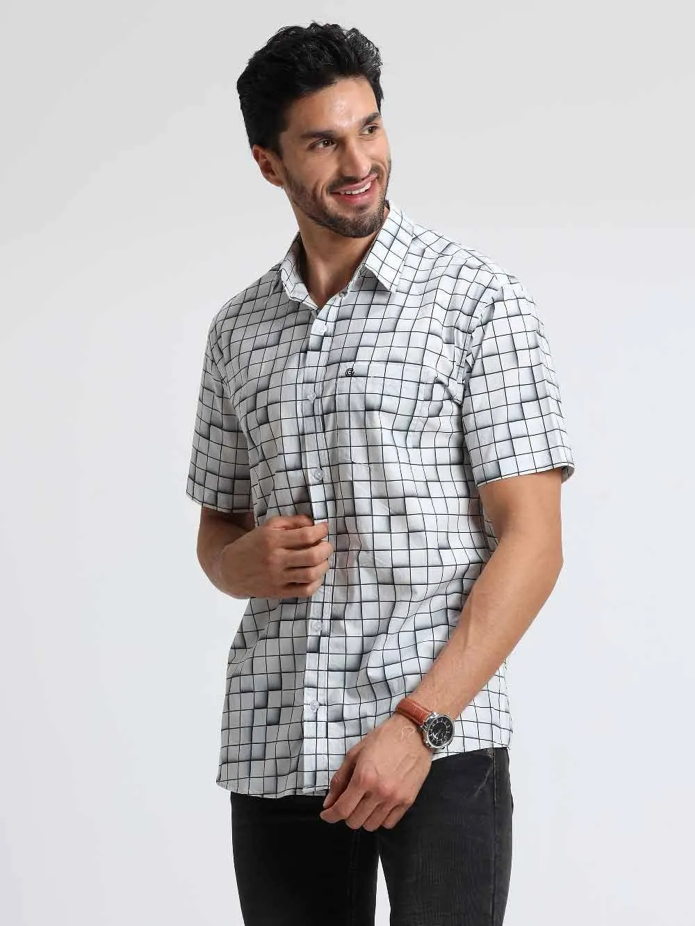 Grey Checks Printed Half Sleeve Shirt