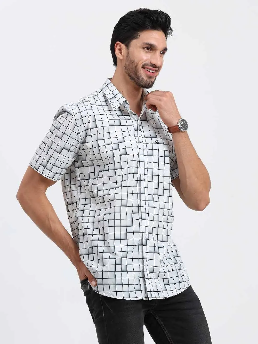 Grey Checks Printed Half Sleeve Shirt