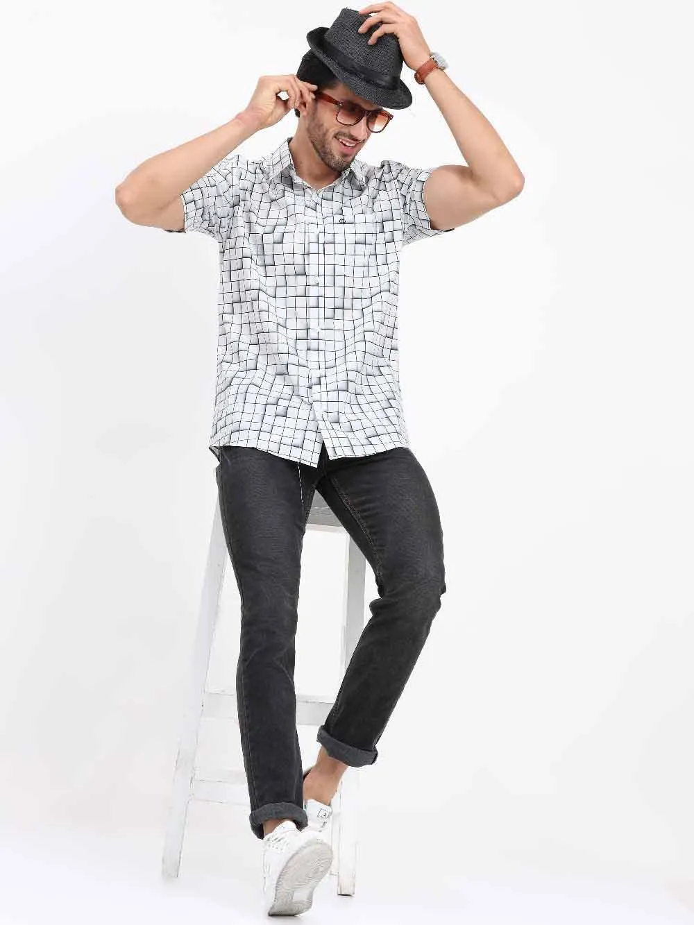 Grey Checks Printed Half Sleeve Shirt