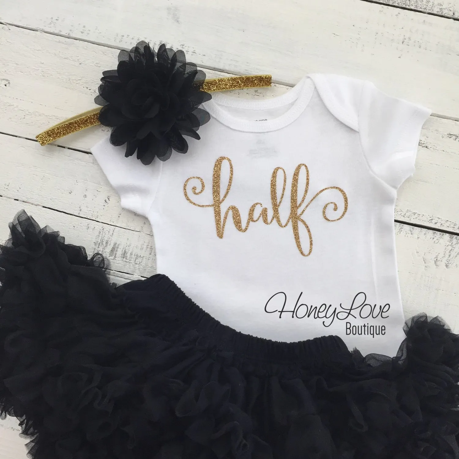 Half Birthday Outfit - Gold glitter and Black