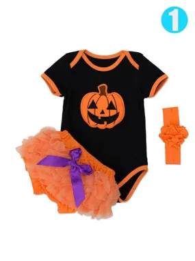 Halloween 3-piece Baby Girls Pumpkin Romper Tutu-Shorts Headband