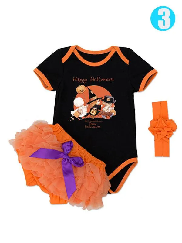 Halloween 3-piece Baby Girls Pumpkin Romper Tutu-Shorts Headband