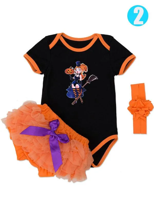 Halloween 3-piece Baby Girls Pumpkin Romper Tutu-Shorts Headband