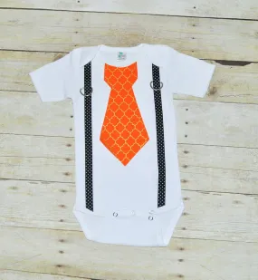 Halloween bodysuit with suspenders and tie,  Halloween bodysuit, halloween outfit, orange and gold tie, black suspenders, thanksgiving, fall