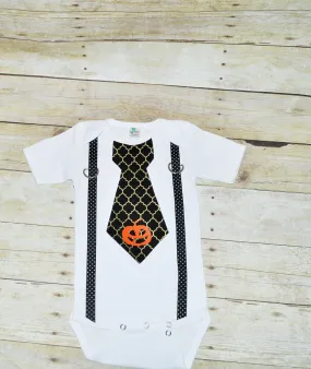 Halloween bodysuit with suspenders and tie, pumpkin applique applique, Halloween bodysuit, halloween outfit,  black and gold tie