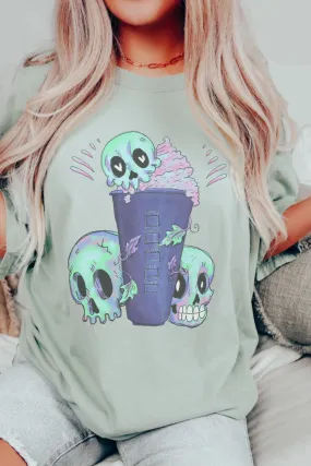 Halloween or Fall Comfort Colors® Funny Coffee Latte Skulls Design T-Shirt, Women's Purple and Green Design T-Shirt