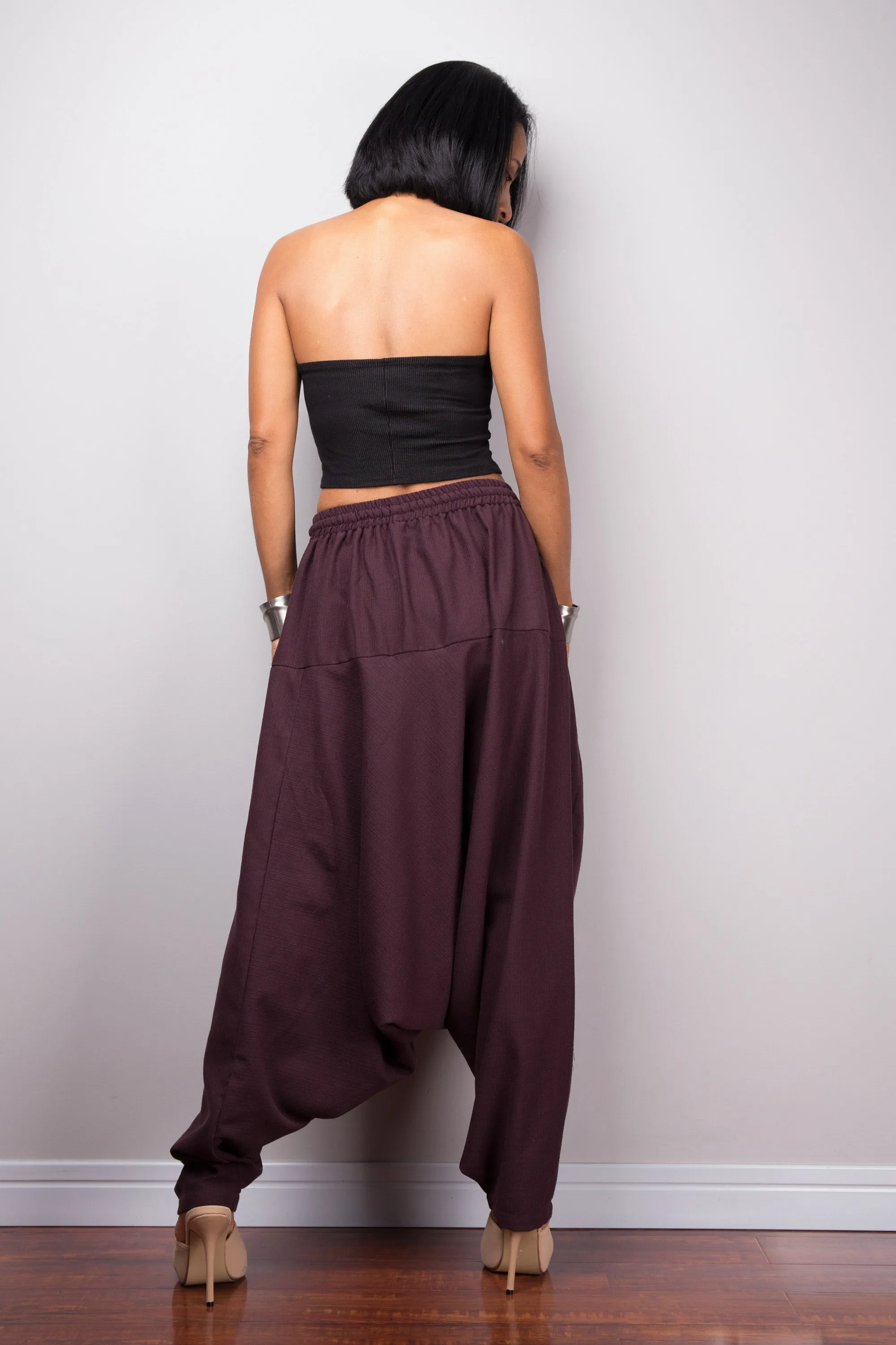 Harem pants | Unisex cotton pants | Loose fit burgundy trousers | Summer festival pants