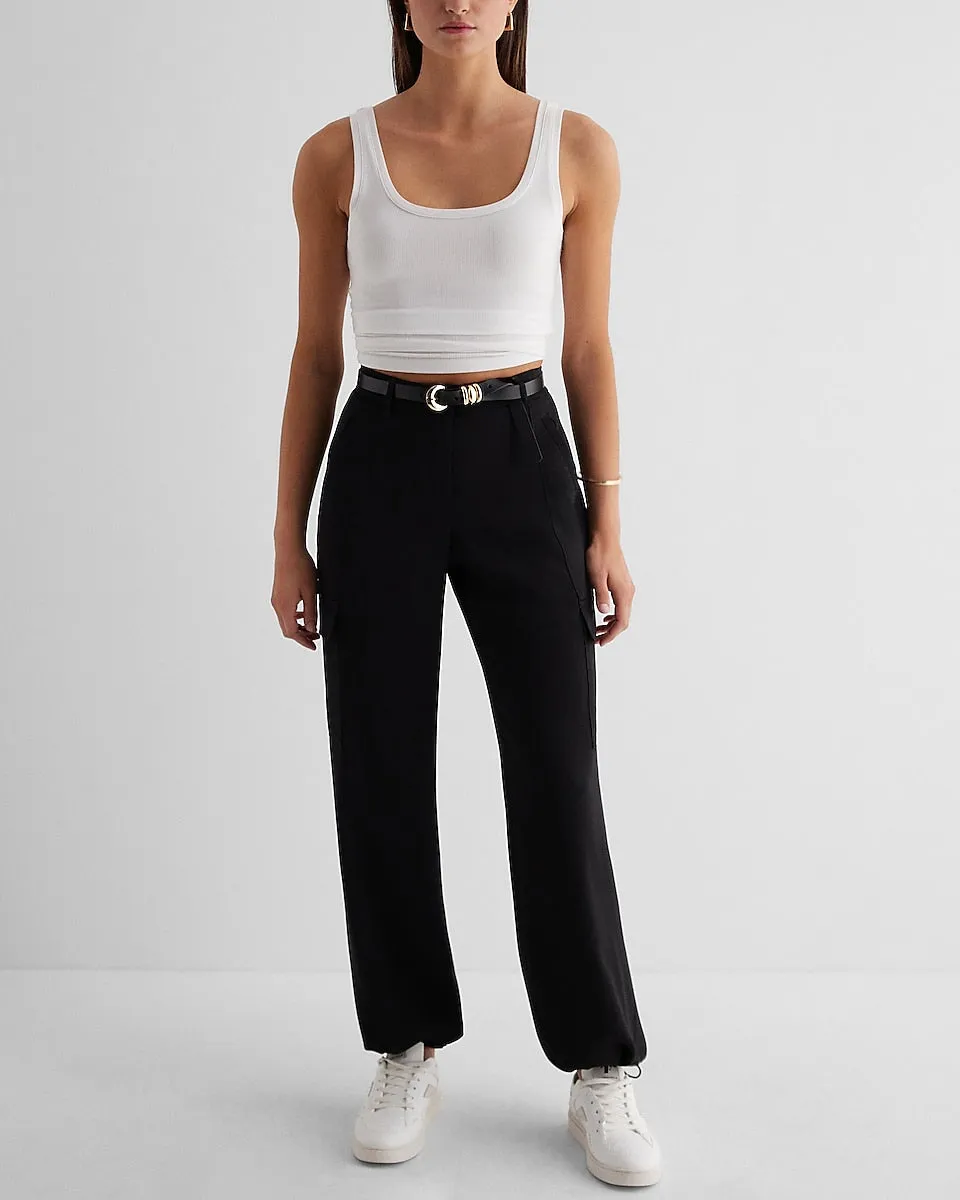 High Waisted Convertible Hem Cargo Trouser Pant in Pitch Black