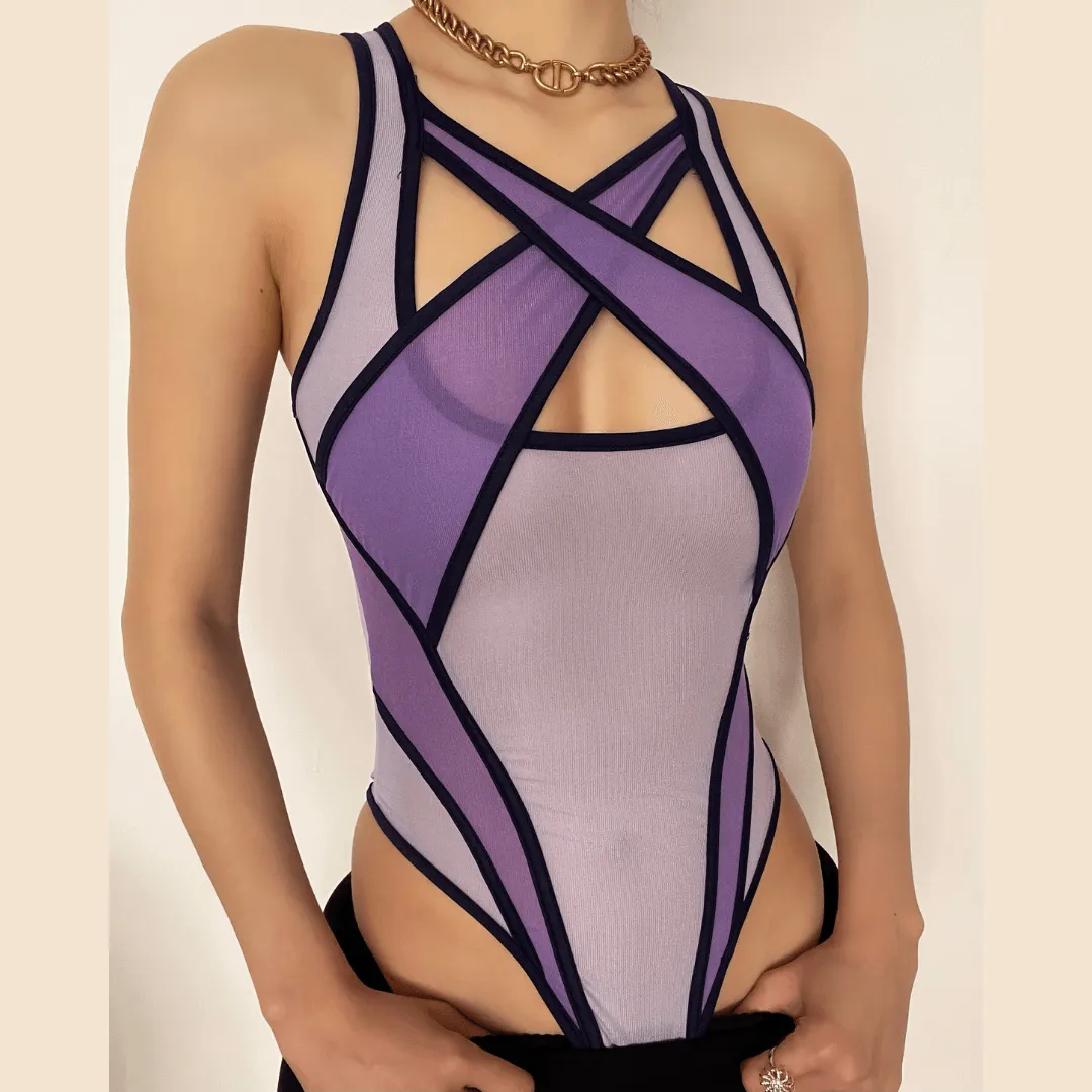 Hollow out patchwork mesh see through bodysuit