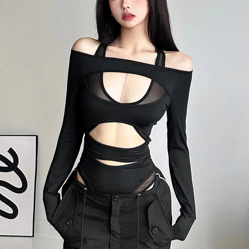 Hollow out solid long sleeve off shoulder mesh bodysuit