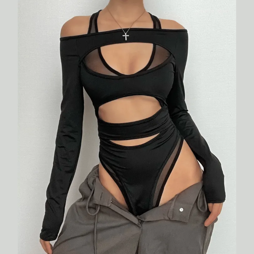 Hollow out solid long sleeve off shoulder mesh bodysuit