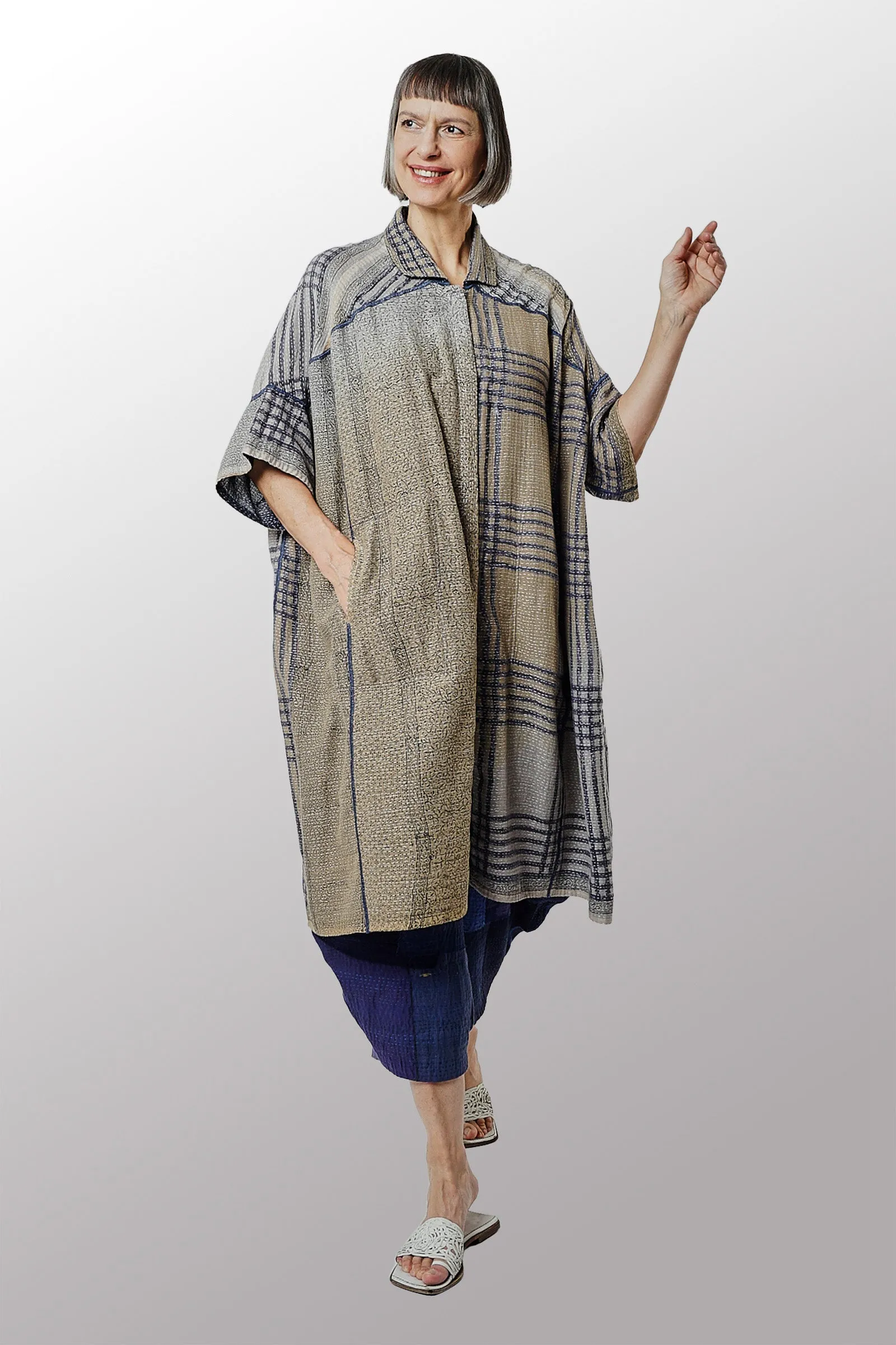 INDONESIAN PRINT VINTAGE INDIGO BACKING KANTHA WIDE SHIRT DRESS - bi2448-blu -