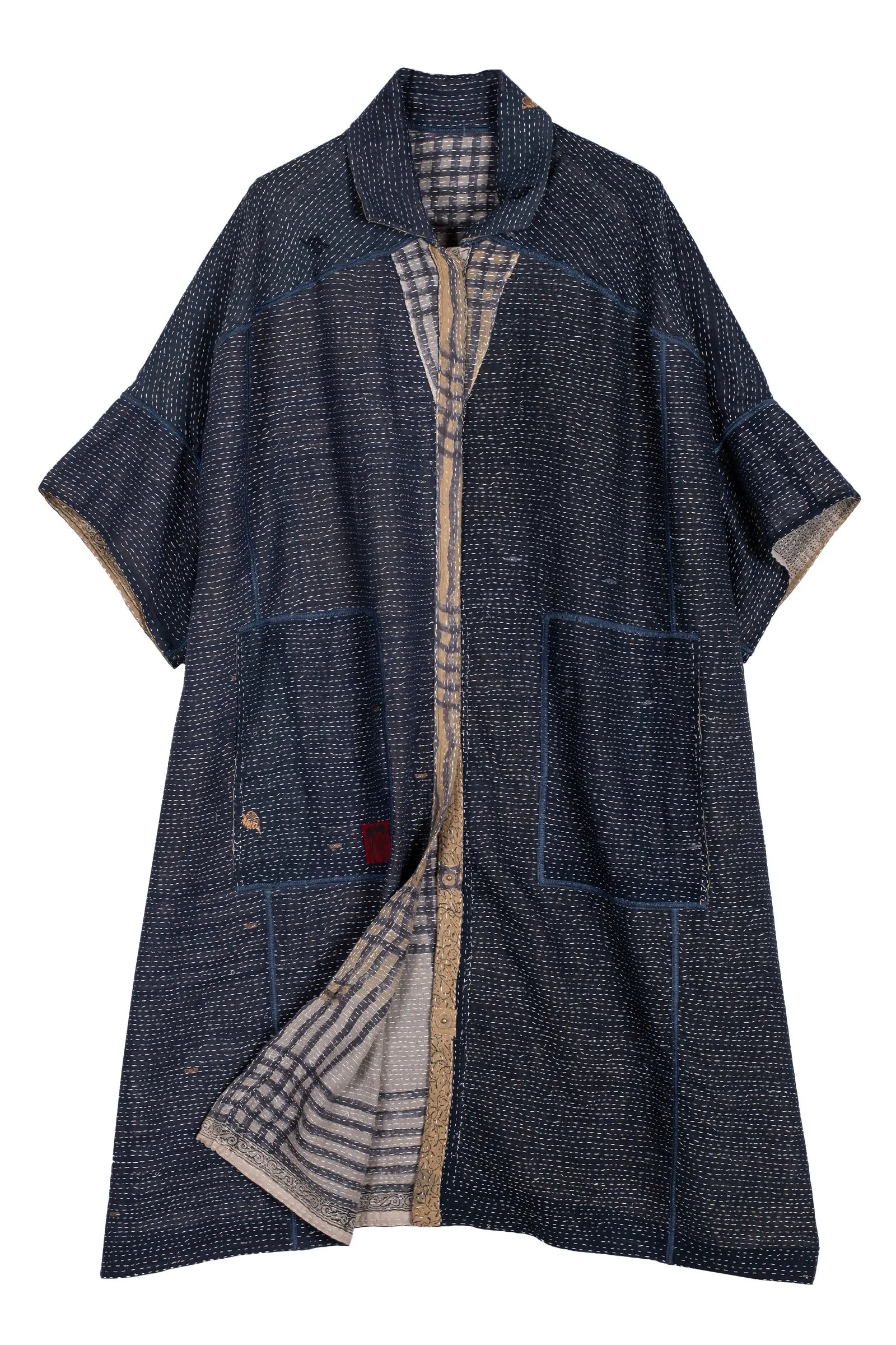 INDONESIAN PRINT VINTAGE INDIGO BACKING KANTHA WIDE SHIRT DRESS - bi2448-blu -