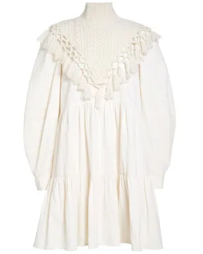 Ivory Fringe Seersucker Long Sleeve Dress