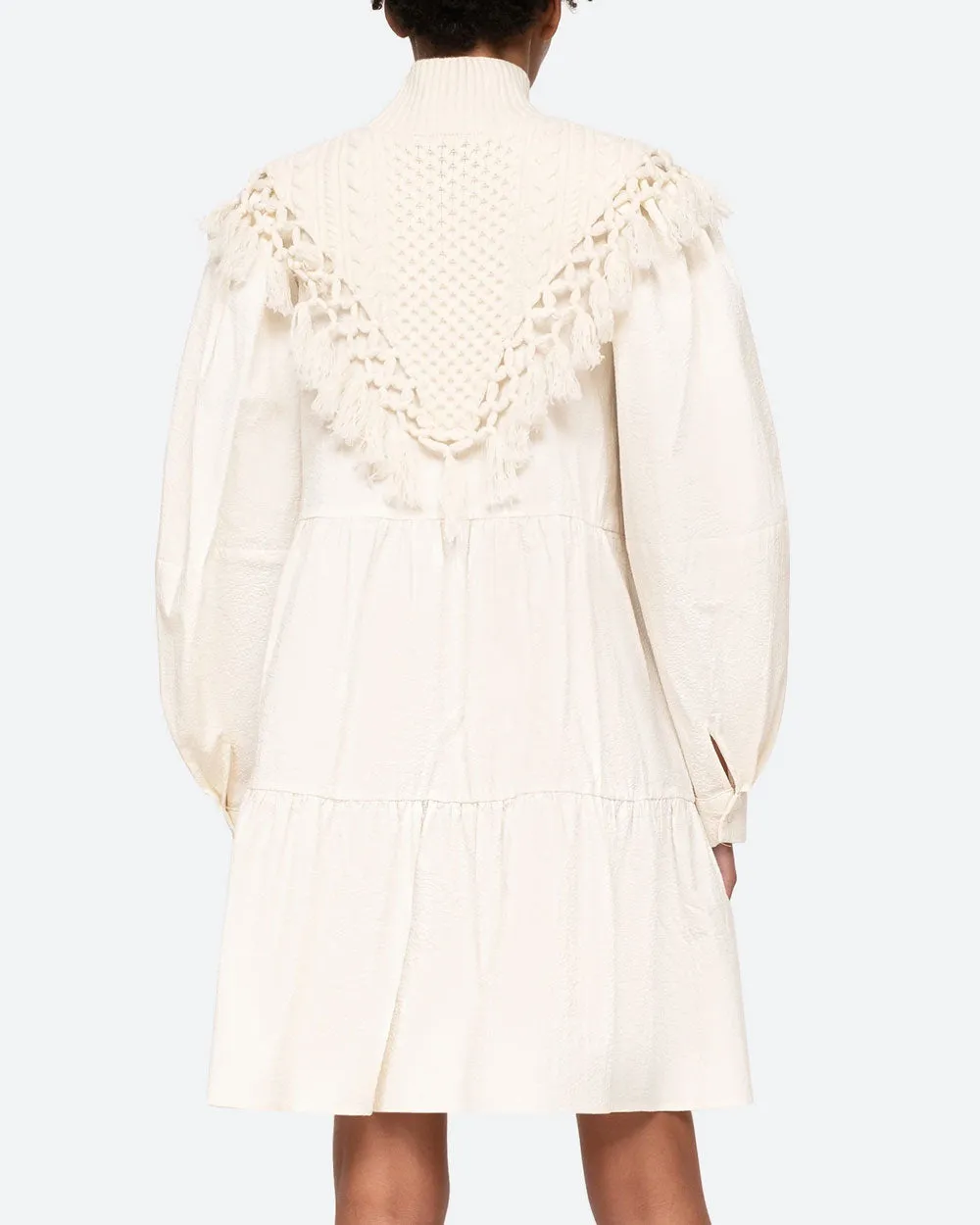 Ivory Fringe Seersucker Long Sleeve Dress