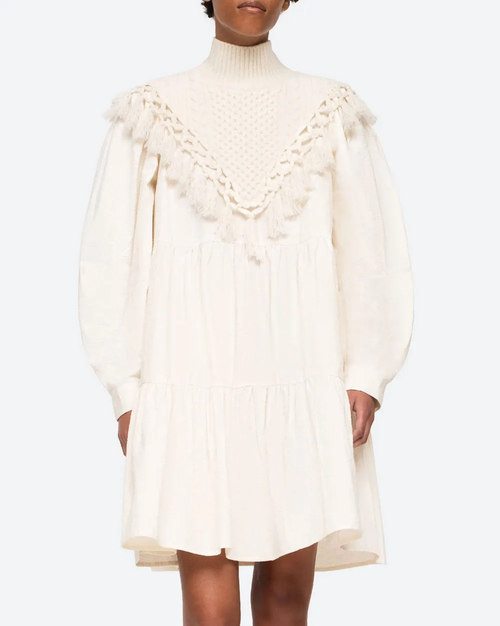 Ivory Fringe Seersucker Long Sleeve Dress