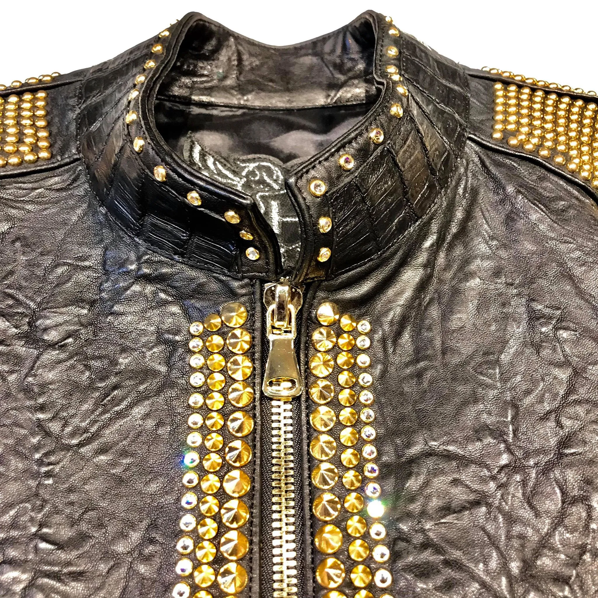 Kashani Alligator Studded Swarovski Lambskin Bomber Jacket