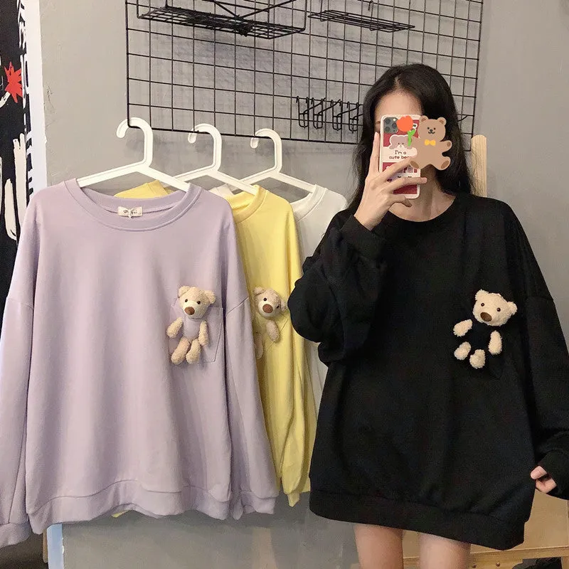 Kawaii Chic: Pocket Bear Loose Sweatshirt - Your Go-To for Casual Cuteness and Unmatched Comfort! 🎀💜