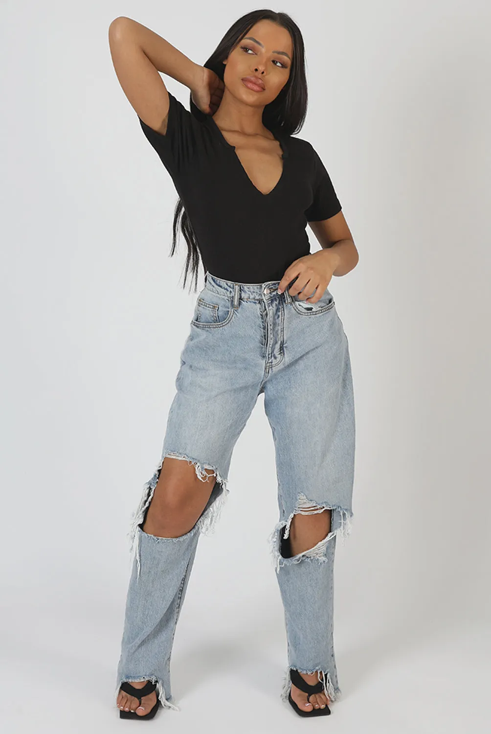 Knotch Front Short Sleeve Ribbed Bodysuit Black