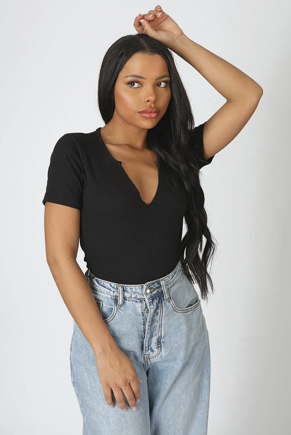 Knotch Front Short Sleeve Ribbed Bodysuit Black