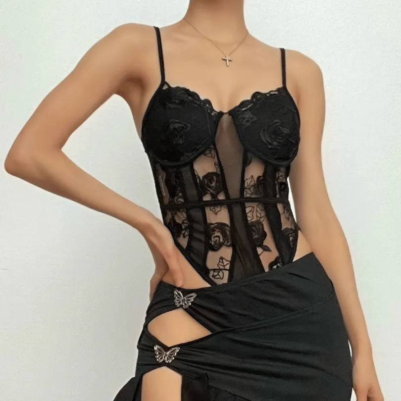 Lace patchwork solid v neck mesh cami bodysuit