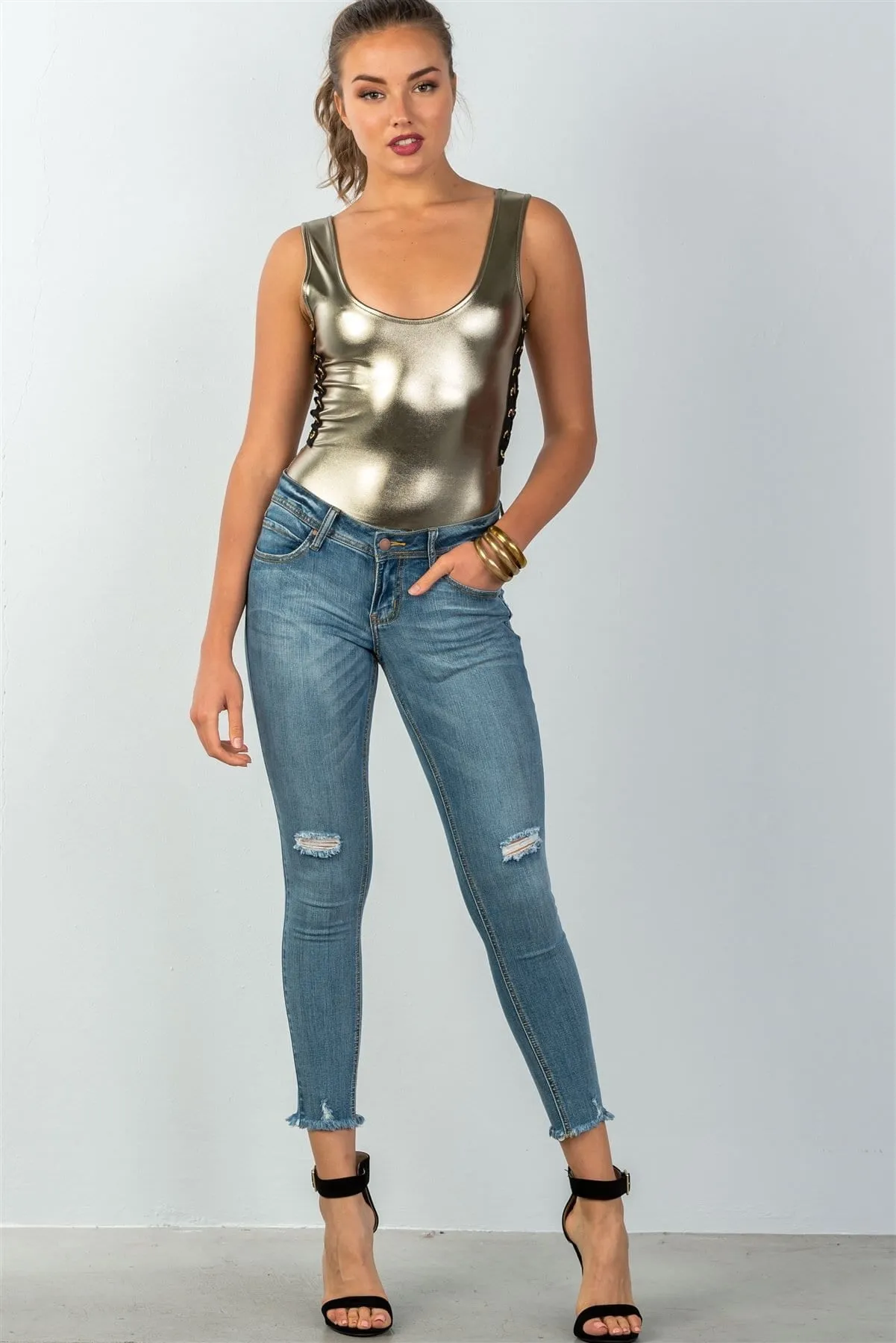 Ladies fashion metallic gold contrast strappy sides bodysuit