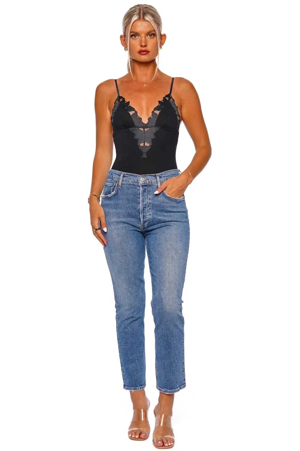 Lily Embroidery V-Neck Plunge Bodysuit