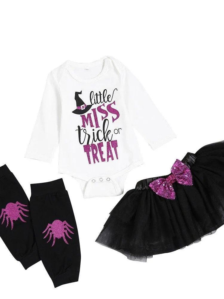 Little Miss Trick or Treat Shiny Sequin 3-piece Halloween Set Romper   Skirt   Leggings