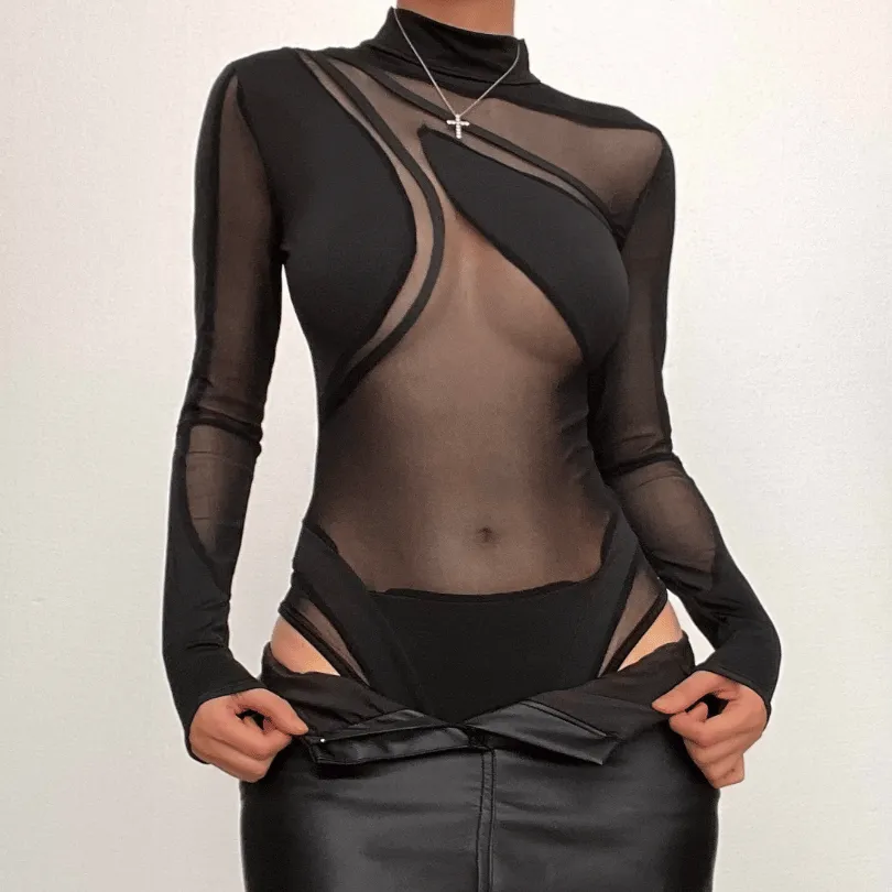 Long sleeve high neck mesh patchwork irregular bodysuit