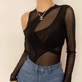 Long sleeve off shoulder irregular sheer mesh bodysuit