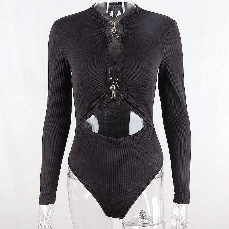 Long sleeve solid hollow out o ring button bodysuit