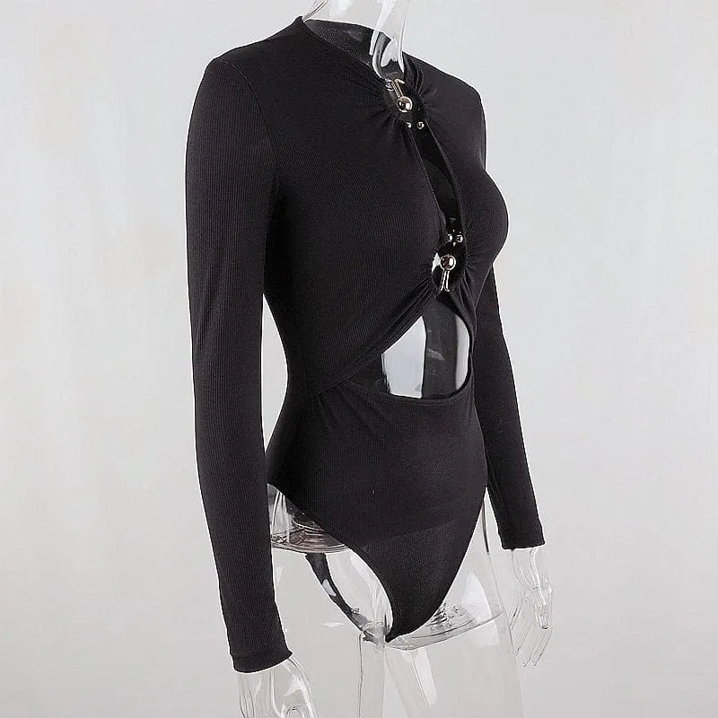 Long sleeve solid hollow out o ring button bodysuit