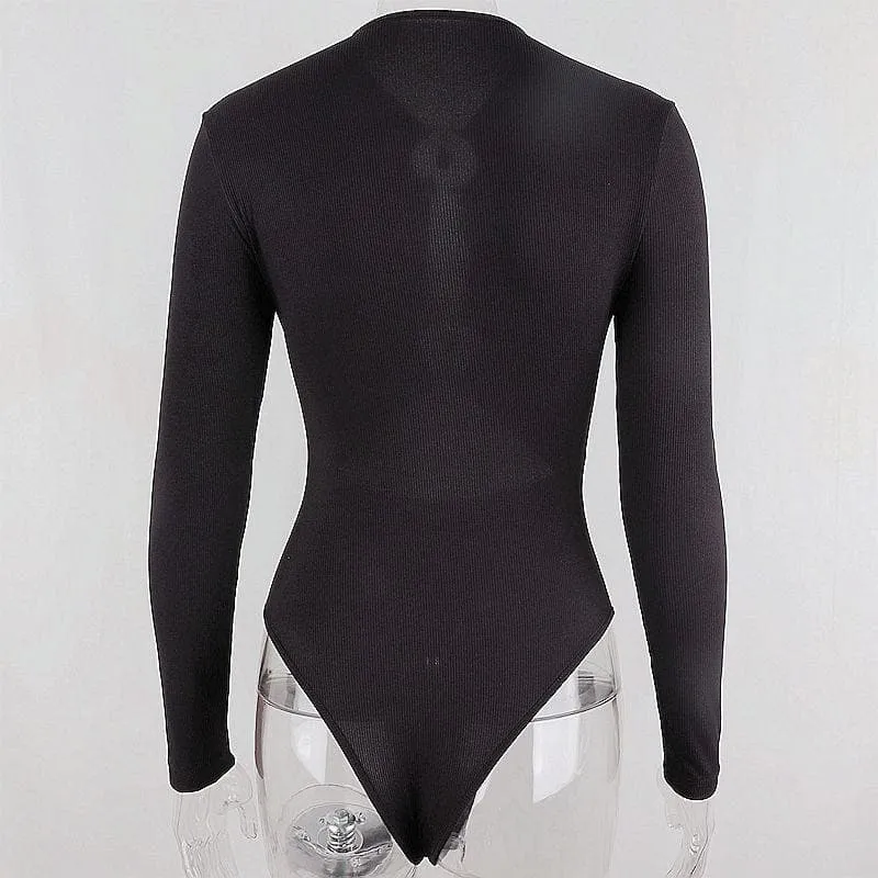 Long sleeve solid hollow out o ring button bodysuit