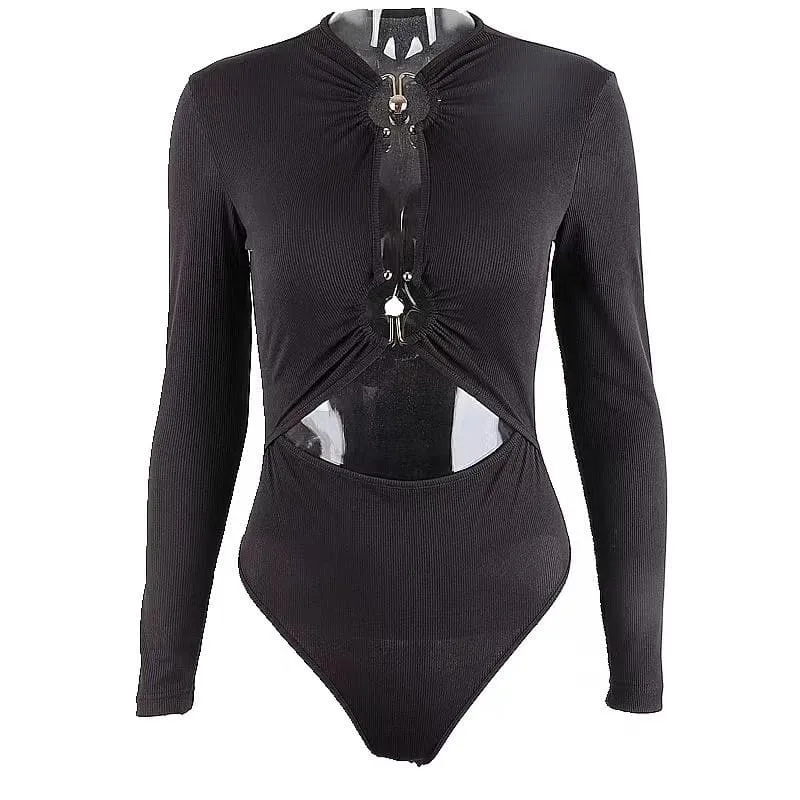 Long sleeve solid hollow out o ring button bodysuit