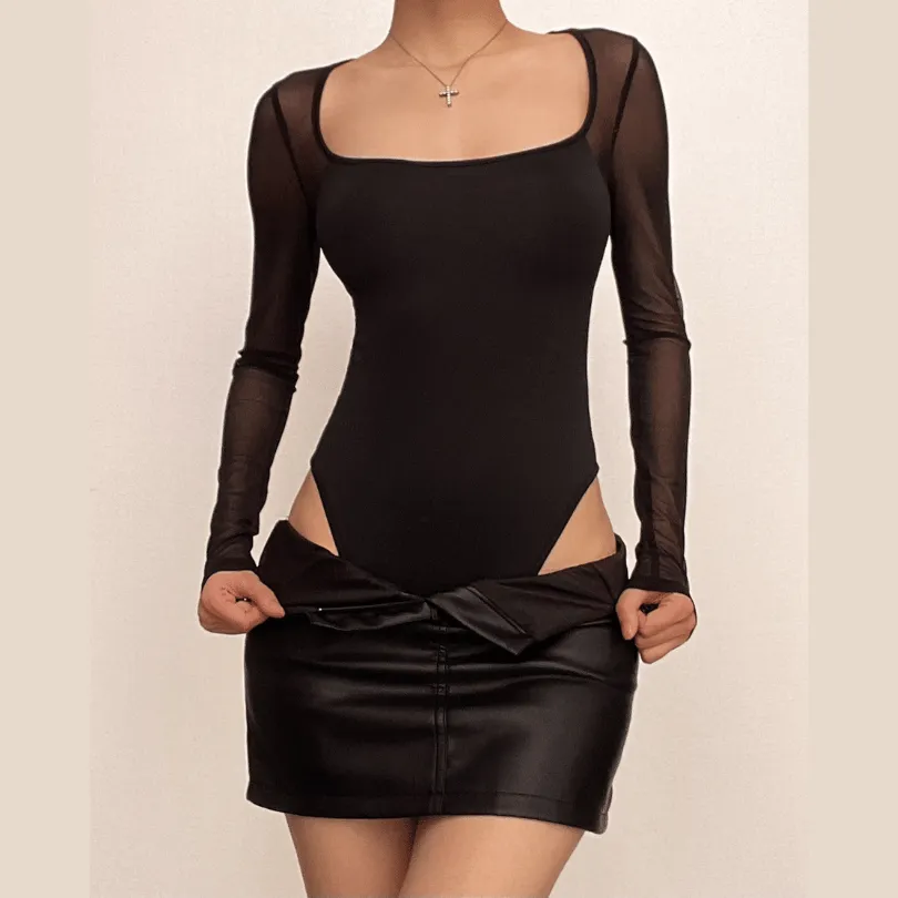 Long sleeve square neck mesh solid patchwork bodysuit