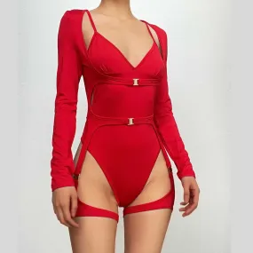 Long sleeve v neck hollow out buckle solid bodysuit