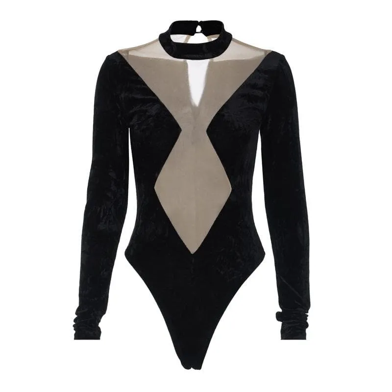 Long sleeve velvet high neck mesh patchwork button bodysuit