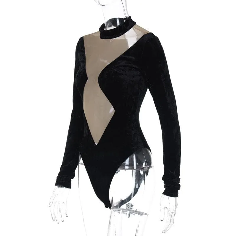 Long sleeve velvet high neck mesh patchwork button bodysuit