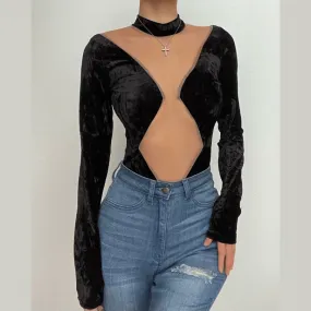 Long sleeve velvet high neck mesh patchwork button bodysuit