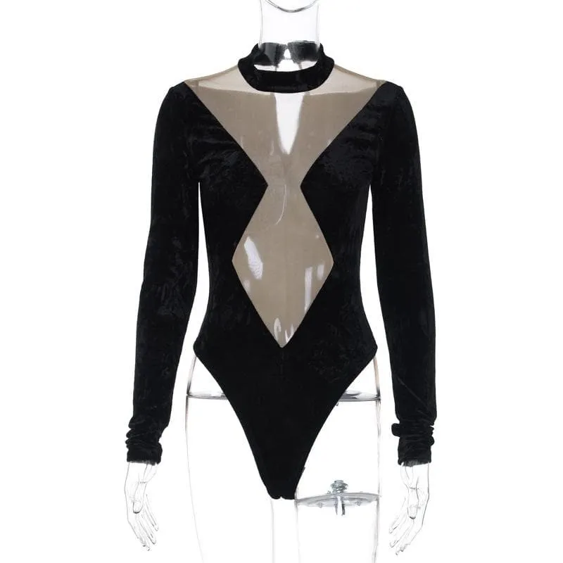 Long sleeve velvet high neck mesh patchwork button bodysuit