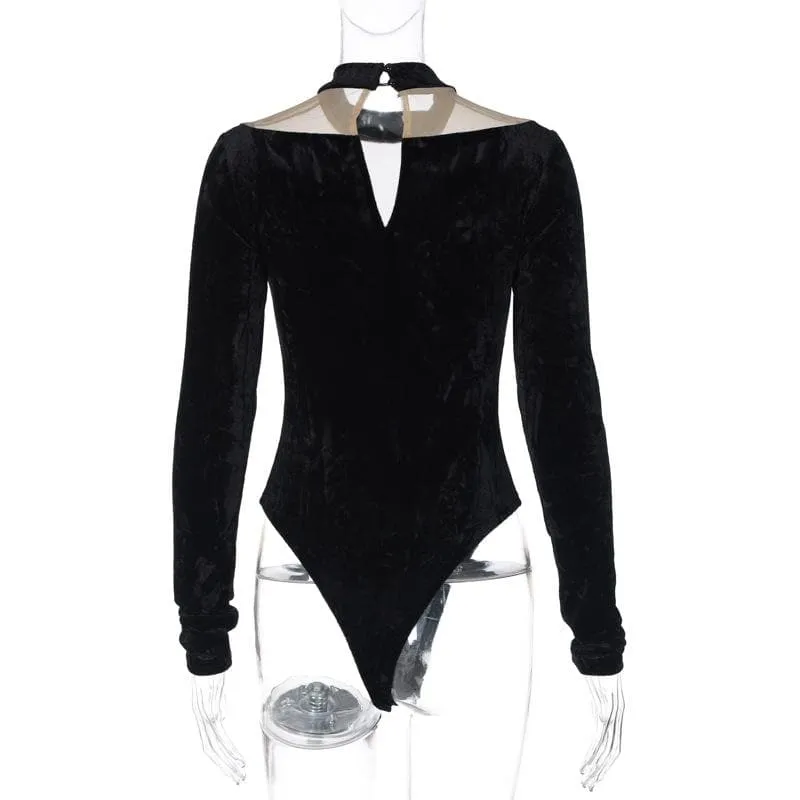 Long sleeve velvet high neck mesh patchwork button bodysuit