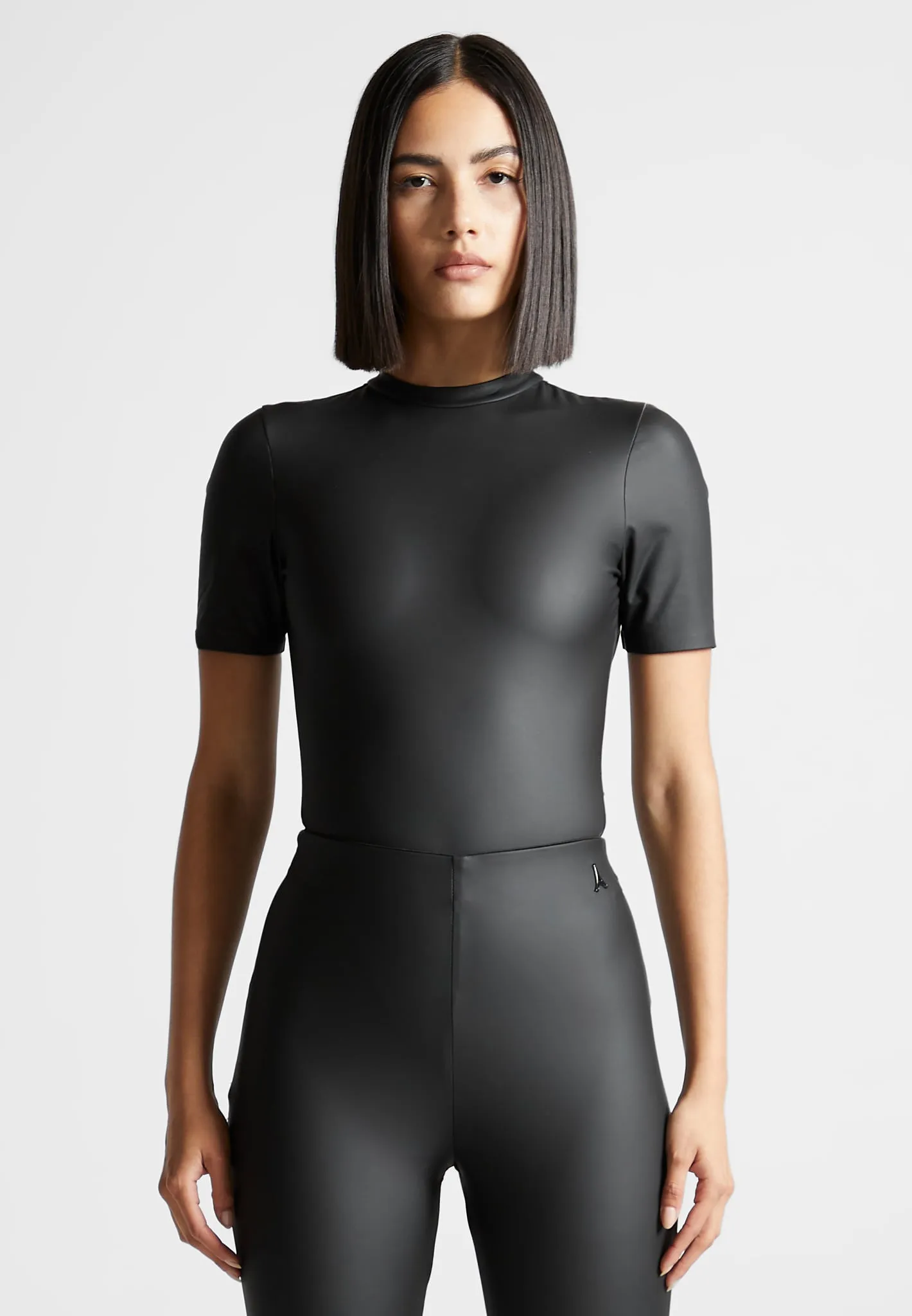 Matte Leather Tee Bodysuit - Black