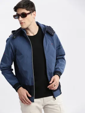 Men Colourblocked Mock Collar Blue Bomber Jacket Comes with Detachable Hoodie